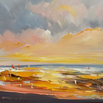 Seascape painting with orange and yellow  colours.