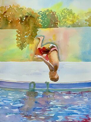  artwork which is the image of a boy in the act of somersaulting into a swimming pool
