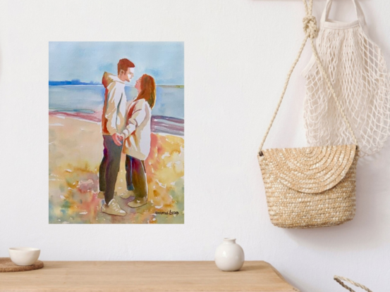 artwork which shows a couple staring lovingly into each others eyes
