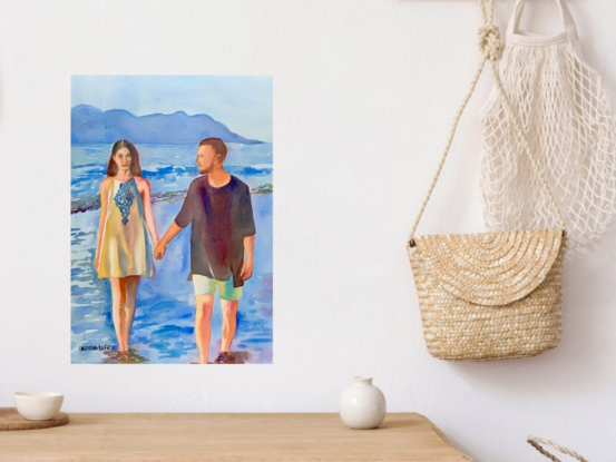 artwork which shows a couple wading barefoot in the shallow water at the edge of the sea
