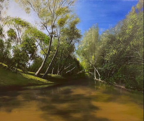 Landscape painting outback river  after the rain on sunrise  surrounding gumtrees 