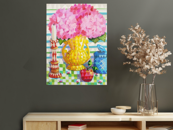 Pink flowers in yellow vase