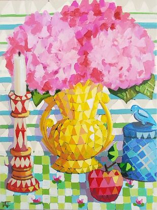 Pink flowers in yellow vase