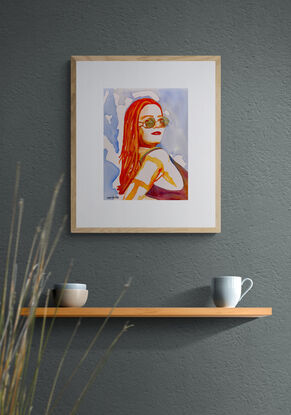 artwork which shows a portrait of a beautiful model leaning back on her elbows