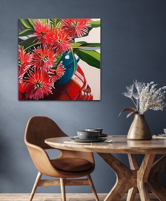 Ficifolia or Flowering Gum tree flowers in a turquoise vase.