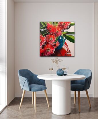 Ficifolia or Flowering Gum tree flowers in a turquoise vase.