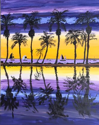 Vivid Bold seaside scene from the Caribbean with sailboats
