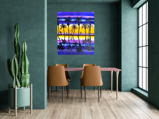 Vivid Bold seaside scene from the Caribbean with sailboats
