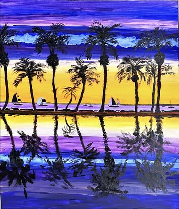 Vivid Bold seaside scene from the Caribbean with sailboats
