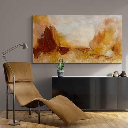 bold marks in warm earthy beige and ochre across the canvas suggestive of landscape of valleys and open spaces made from large expressive marks with pops of dark grey, rust brown, ochre, white and beige .