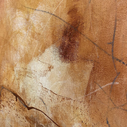 bold marks in warm earthy beige and ochre across the canvas suggestive of landscape of valleys and open spaces made from large expressive marks with pops of dark grey, rust brown, ochre, white and beige .