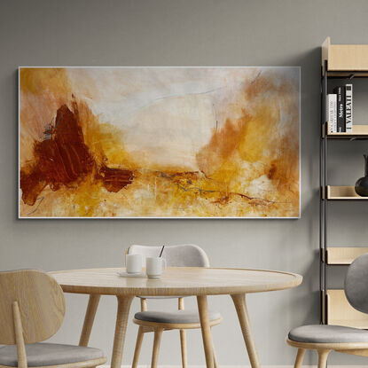 bold marks in warm earthy beige and ochre across the canvas suggestive of landscape of valleys and open spaces made from large expressive marks with pops of dark grey, rust brown, ochre, white and beige .