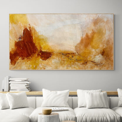 bold marks in warm earthy beige and ochre across the canvas suggestive of landscape of valleys and open spaces made from large expressive marks with pops of dark grey, rust brown, ochre, white and beige .