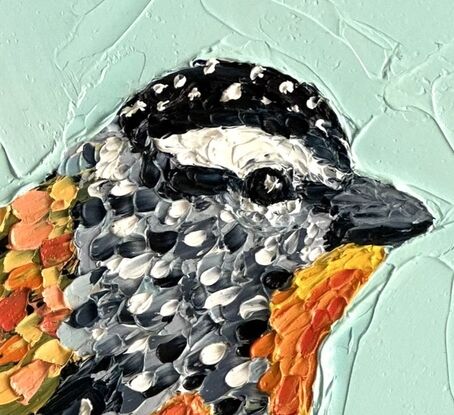 Small painting of an Australian Spotted Pardalote bird painted in textured oil paints.