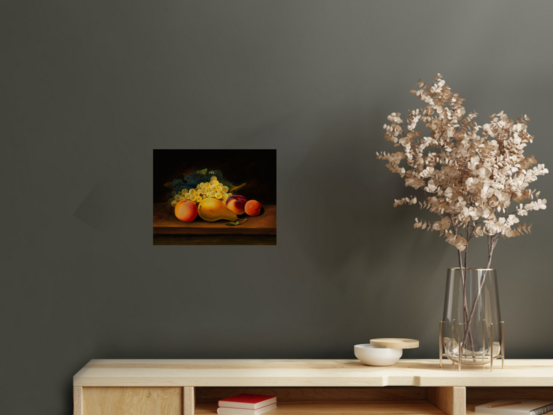 Luscious fruit and yellow grapes on tabletop