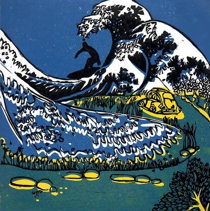 The print depicts a surfer on a board riding a Holusai size wave.  On the beach is a yellow VW.  The colours used are yellow, cerulean blue and green for the landscape.