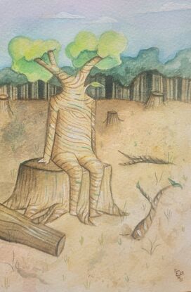 a tree man sitting  on a tree stump