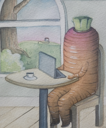 A carrot reading their emails 