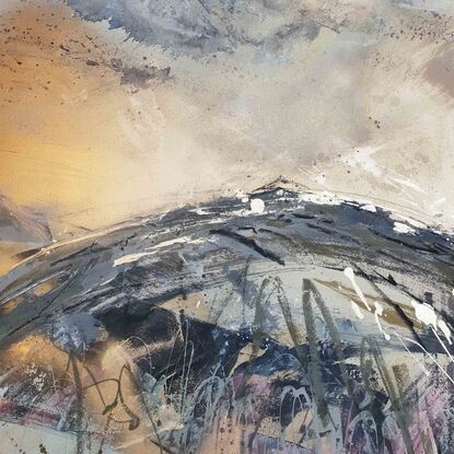 A large painting of a mountain with golden clouds painted in shades of green, grey, pale blue, grey, black  and white.