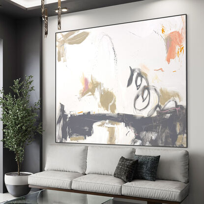 Subtle tones in warm earthy beige, peach, apricot, orange, white, black and grey combined with large expressive marks, across the canvas surface suggestive of seahorses racing. 