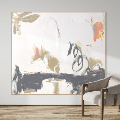 Subtle tones in warm earthy beige, peach, apricot, orange, white, black and grey combined with large expressive marks, across the canvas surface suggestive of seahorses racing. 