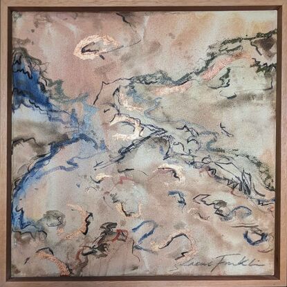 a large abstract landscape in shades of copper, brown, black, blue and white inspired by wild grass and sand dunes australian native and indigenous plants