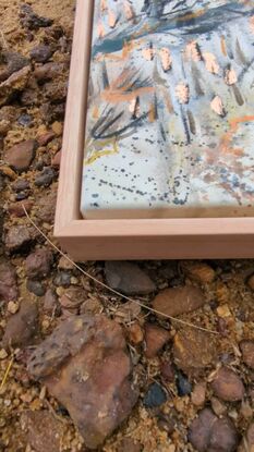 a large abstract landscape in shades of copper, brown, black, blue and white inspired by wild grass and sand dunes australian native and indigenous plants