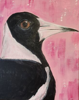 3 canvas's with pink backgrounds. One featuring Australian magpie, one with native flowers and one with a white and yellow cockatoo. All canvas's feature a wooden frame around the work.