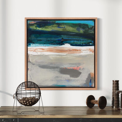 FRAMED - NATURAL TIMBER FLOATING FRAME abstract landscape seascape in blue, green, white, beige, grey, copper and orange