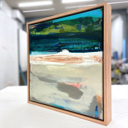 FRAMED - NATURAL TIMBER FLOATING FRAME abstract landscape seascape in blue, green, white, beige, grey, copper and orange