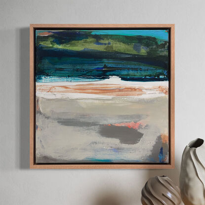 FRAMED - NATURAL TIMBER FLOATING FRAME abstract landscape seascape in blue, green, white, beige, grey, copper and orange