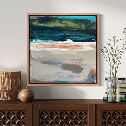 FRAMED - NATURAL TIMBER FLOATING FRAME abstract landscape seascape in blue, green, white, beige, grey, copper and orange