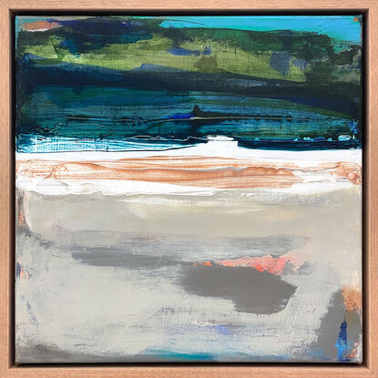 FRAMED - NATURAL TIMBER FLOATING FRAME abstract landscape seascape in blue, green, white, beige, grey, copper and orange