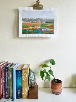 Orange red dirt outback landscape with greenery and mountains in distance 