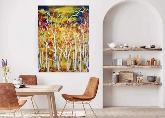  White birch At Twilight is a vibrant and colourful floral abstract painting that captures the essence of Autumn in a forest landscape. Created using an impressionistic style, the painting features textured birch trees painted with acrylic impasto on a canvas that has been allowed to dry for a week. The artist witnessed a magical transformation as a forest landscape emerged organically on the canvas. They added their own expressive touch by improvising a unique treescape, incorporating hues of blush pink, orange, yellow, white, and light blue in a fluid, flowing manner. Carefully detailed leaves in shades of lemon yellow, cool yellow, violet blue, red sienna, light orange, fluorescent purple, and warm yellow create a mesmerizing composition. The finishing touches of orange and yellow fluorescent colors add dynamic pops to the warm palette. This exquisite artwork comes with a Certificate of Authenticity, a wire on the back for easy hanging, and will be meticulously packed for a safe delivery to its forever home.