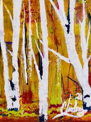  White birch At Twilight is a vibrant and colourful floral abstract painting that captures the essence of Autumn in a forest landscape. Created using an impressionistic style, the painting features textured birch trees painted with acrylic impasto on a canvas that has been allowed to dry for a week. The artist witnessed a magical transformation as a forest landscape emerged organically on the canvas. They added their own expressive touch by improvising a unique treescape, incorporating hues of blush pink, orange, yellow, white, and light blue in a fluid, flowing manner. Carefully detailed leaves in shades of lemon yellow, cool yellow, violet blue, red sienna, light orange, fluorescent purple, and warm yellow create a mesmerizing composition. The finishing touches of orange and yellow fluorescent colors add dynamic pops to the warm palette. This exquisite artwork comes with a Certificate of Authenticity, a wire on the back for easy hanging, and will be meticulously packed for a safe delivery to its forever home.