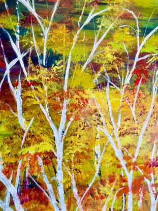  White birch At Twilight is a vibrant and colourful floral abstract painting that captures the essence of Autumn in a forest landscape. Created using an impressionistic style, the painting features textured birch trees painted with acrylic impasto on a canvas that has been allowed to dry for a week. The artist witnessed a magical transformation as a forest landscape emerged organically on the canvas. They added their own expressive touch by improvising a unique treescape, incorporating hues of blush pink, orange, yellow, white, and light blue in a fluid, flowing manner. Carefully detailed leaves in shades of lemon yellow, cool yellow, violet blue, red sienna, light orange, fluorescent purple, and warm yellow create a mesmerizing composition. The finishing touches of orange and yellow fluorescent colors add dynamic pops to the warm palette. This exquisite artwork comes with a Certificate of Authenticity, a wire on the back for easy hanging, and will be meticulously packed for a safe delivery to its forever home.