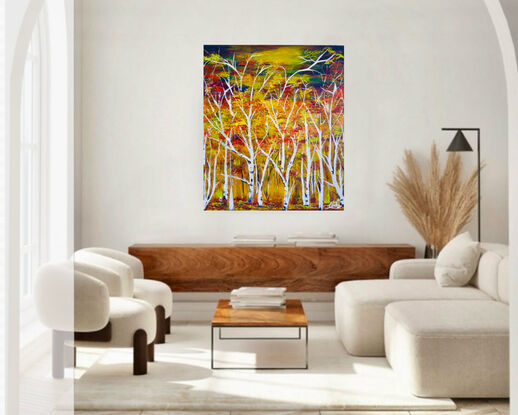  White birch At Twilight is a vibrant and colourful floral abstract painting that captures the essence of Autumn in a forest landscape. Created using an impressionistic style, the painting features textured birch trees painted with acrylic impasto on a canvas that has been allowed to dry for a week. The artist witnessed a magical transformation as a forest landscape emerged organically on the canvas. They added their own expressive touch by improvising a unique treescape, incorporating hues of blush pink, orange, yellow, white, and light blue in a fluid, flowing manner. Carefully detailed leaves in shades of lemon yellow, cool yellow, violet blue, red sienna, light orange, fluorescent purple, and warm yellow create a mesmerizing composition. The finishing touches of orange and yellow fluorescent colors add dynamic pops to the warm palette. This exquisite artwork comes with a Certificate of Authenticity, a wire on the back for easy hanging, and will be meticulously packed for a safe delivery to its forever home.