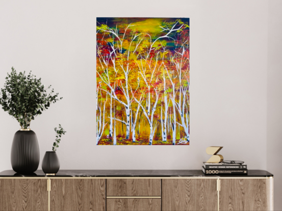  White birch At Twilight is a vibrant and colourful floral abstract painting that captures the essence of Autumn in a forest landscape. Created using an impressionistic style, the painting features textured birch trees painted with acrylic impasto on a canvas that has been allowed to dry for a week. The artist witnessed a magical transformation as a forest landscape emerged organically on the canvas. They added their own expressive touch by improvising a unique treescape, incorporating hues of blush pink, orange, yellow, white, and light blue in a fluid, flowing manner. Carefully detailed leaves in shades of lemon yellow, cool yellow, violet blue, red sienna, light orange, fluorescent purple, and warm yellow create a mesmerizing composition. The finishing touches of orange and yellow fluorescent colors add dynamic pops to the warm palette. This exquisite artwork comes with a Certificate of Authenticity, a wire on the back for easy hanging, and will be meticulously packed for a safe delivery to its forever home.