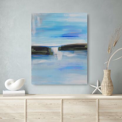 abstract flowing acrylic painting seaside, landscape and dreamy ocean,  medium,  clouds, peaceful 