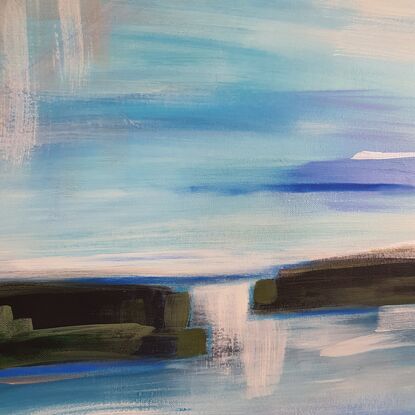 abstract flowing acrylic painting seaside, landscape and dreamy ocean,  medium,  clouds, peaceful 