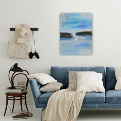 abstract flowing acrylic painting seaside, landscape and dreamy ocean,  medium,  clouds, peaceful 