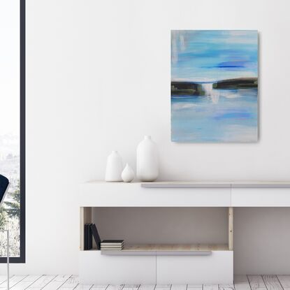 abstract flowing acrylic painting seaside, landscape and dreamy ocean,  medium,  clouds, peaceful 