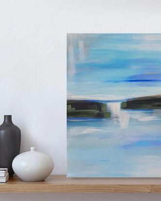 abstract flowing acrylic painting seaside, landscape and dreamy ocean,  medium,  clouds, peaceful 