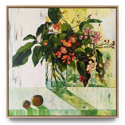 A framed, expressive still life painting of entangled flora in greens, yellows, reds, pinks and oranges.