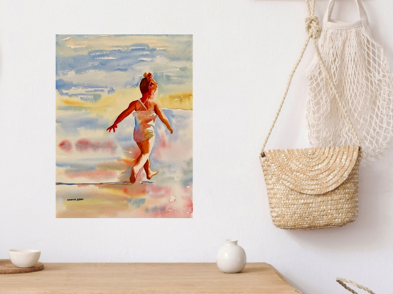 artwork which shows a young girl running gleefully across the beach