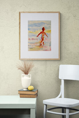 artwork which shows a young girl running gleefully across the beach