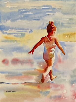 artwork which shows a young girl running gleefully across the beach