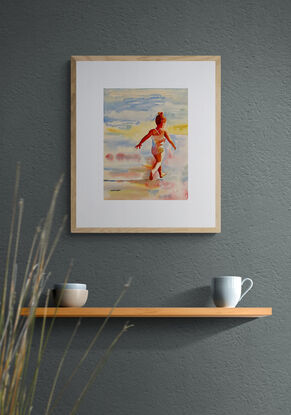 artwork which shows a young girl running gleefully across the beach