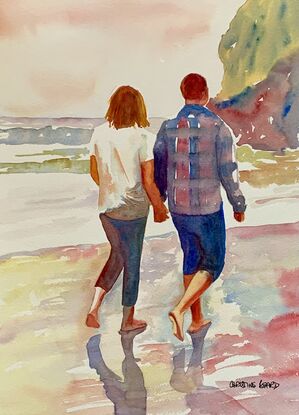 artwork which shows a couple walking companionably across the beach